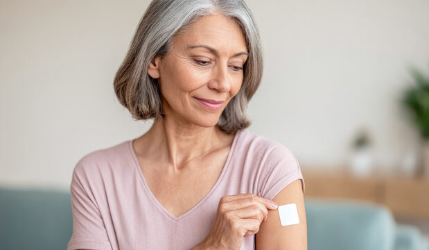 Mature woman applying nicotine patch on arm in bright room. No Smoking Day.