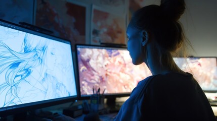 Side view of a designer using AI software to morph a traditional sketch into digital art, dual monitors with evolving visuals, creative workspace setup