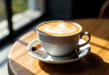A white ceramic cup of latte with intricate latte art on a wooden table near a window