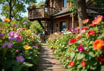Fototapeta premium Colorful flower garden pathway leading to a cozy wooden house with a balcony