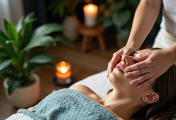 Woman receiving a relaxing facial massage in a spa setting with candles and plants
