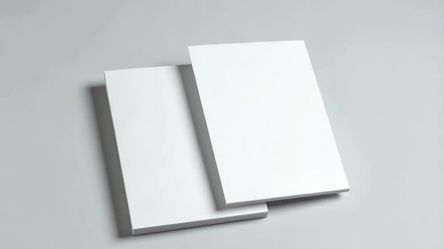 Two clean, white, rectangular blank paper stacks arranged slightly offset on a light grey surface. Perfect for showcasing design templates.