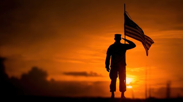 Silhouette of a saluting soldier at sunset in front of a waving American flag, dramatic lighting and sky, concept of honor and remembrance for Memorial Day