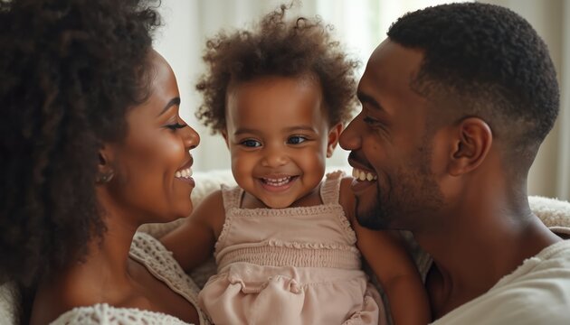 Happy family. Parents share love tenderness with child. African American mom dad and baby daughter smiling at home together. Love joy parenthood concept.