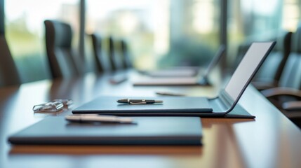 Meeting room table with laptops and supplies