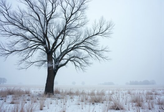 A solitary leafless tree stands in a snowy field under a pale winter sky