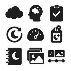 Dream Tracking Icons. Solid style icons of dream and subconscious tracking: dream cloud icon, dream recall badge, lucid dream