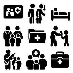 Family Healthcare Icons. Solid vector icons of family healthcare support: family health insurance card, parent with thermometer,