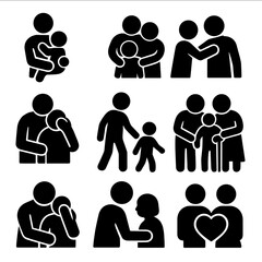 Family Support Icons. Solid vector icons of family support actions: parent holding child, family group hug, supportive hand on