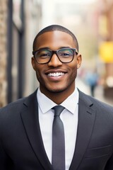 Fototapeta premium Cheerful Young African American Man in Business Attire Walking Downtown with Cityscape Background