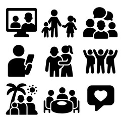 Social Connection Icons. Solid vector icons of social connection: video call with family, grandchildren visit, group conversation,