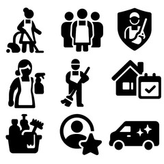 Cleaning Service Icons. Solid vector icons of cleaning services and professionals: housekeeper with vacuum, cleaning team icon,