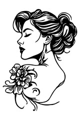 Black and white line art illustration. Fictional female character.