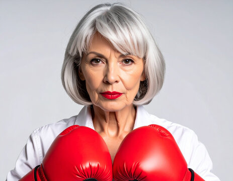 Una mujer mayor jubilada con expresion fuerte y decidida con guantes de boxeo en concepto de superaci&oacute;n lucha, fuerza y salud sobre fondo blanco