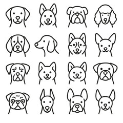 Fototapeta premium Dog Breed Icons. Line style icons of dog breeds: Labrador, German Shepherd, Bulldog, Poodle, Beagle, Dachshund, Husky, Chihuahua,