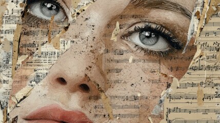 Surreal digital painting of a womanâ€™s soulful gaze revealed behind peeling layers of vintage sheet music, blending paper texture with realistic facial elements in a poetic composition
