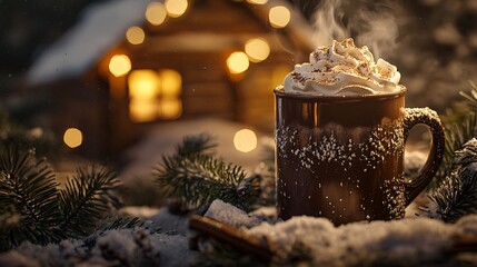 A steaming mug of hot chocolate topped with whipped cream, coffee, cup, drink, cappuccino, beverage, cream, chocolate, hot, cafe, white, food, milk, brown, christmas, breakfast, mug, espresso, sweet