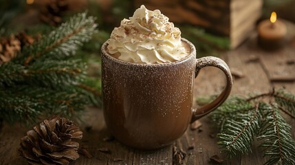 A steaming mug of hot chocolate topped with whipped cream