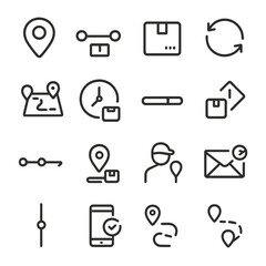 Tracking Icons Collection. Line style icons of tracking and updates: location pin, delivery timeline, tracking ID, update icon,
