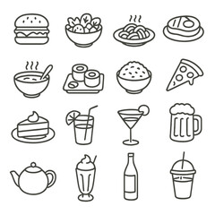 Food and Drink Icons. Line style icons of food and drink menu: burger icon, salad bowl, pasta plate, steak dish, soup bowl, sushi