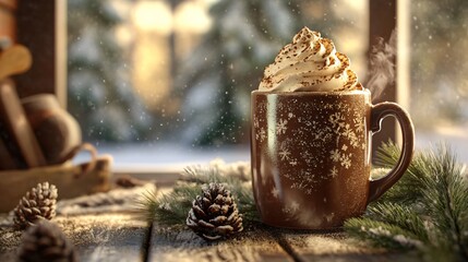 A steaming mug of hot chocolate topped with whipped cream, coffee, cup, drink, cappuccino, beverage, cream, chocolate, hot, cafe, white, food, milk, brown, christmas, breakfast, mug, espresso, sweet, 