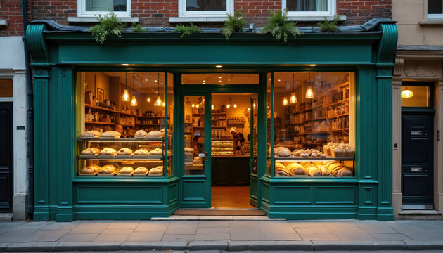 Charming bakery storefront artisanal breads in cozy urban setting. Warm inviting lights, fresh baked goods on display. Twilight hours, urban ambiance. Displayed loaves, pastries, create inviting - Powered by Adobe