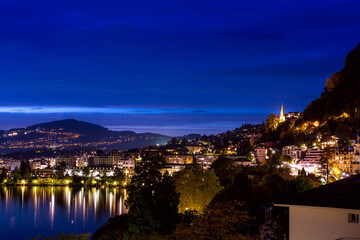 Fototapeta premium Switzerland, Montreux, night view with lake