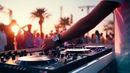 Energetic Dj Performance at Sunset Beach Party Captivating Crowd 4K - Powered by Adobe