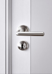 Naklejka premium Close-up of modern stainless steel door handle and keyhole on a white wooden door, symbolizing security, privacy and home design.