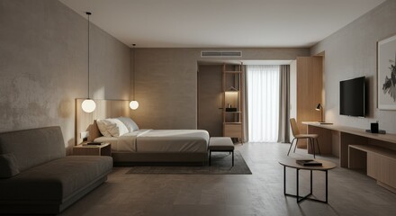 Fototapeta premium Modern Hotel Room Interior: A stylish and minimalist hotel room design featuring a comfortable bed, a cozy seating area, a work desk, and a flat-screen TV. The room is bathed in soft, natural light.