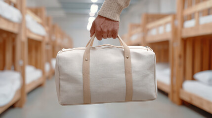 Close-up of a hand holding a beige duffel bag in a shared hostel dormitory with wooden bunk beds in the background.