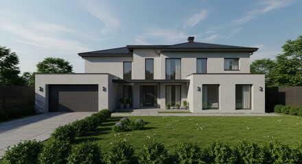 Fototapeta premium Modern Dream Home: A contemporary architectural marvel, the house, showcasing sleek lines, expansive windows, and a minimalist aesthetic. Nestled on manicured landscaping under a bright sky.