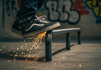 Skateboard grind with sparks flying on metal rail in urban skatepark