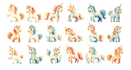 Obraz premium Magical unicorn cartoon vector set. Little pony horse rainbow mane sparkling horn fantasy creature mythical beast dreamy fairy tale whimsical cute animal legendary symbol isolated on white backdrop