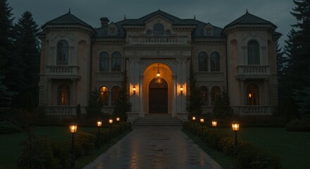 Obraz premium Elegant Manor at Twilight: A majestic mansion stands proudly at twilight, its warm lights casting a welcoming glow. The house is an architectural marvel, surrounded by lush greenery.