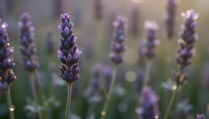 Obraz premium High-resolution macro of lavender stems with morning dew drops, shallow depth of field, natural tones