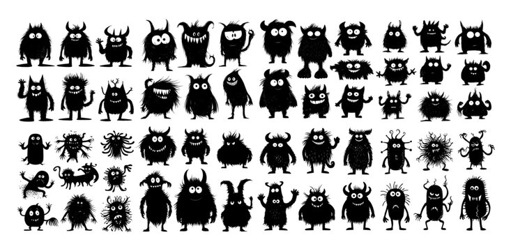 Monsters black ink vector set. Fangs horns fluffy fur big eyes creatures fantasy cute magical world friendly demons comic characters little beasts, monochrome isolated illustration on white backdrop