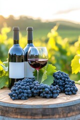 Fototapeta premium Rustic wine scene with bottles and grapes on wooden table in vineyard setting