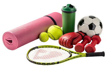 Assortment of sports equipment including yoga mat tennis racket football boxing gloves dumbbells and drink bottle against black background