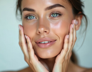 Beautiful woman with healthy glowing skin. Natural beauty, makeup. Face, eyes, lips. Female adult model with perfect clean fresh skin. Wellness, cosmetology and skincare.