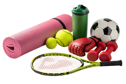 Assortment of sports equipment including yoga mat tennis racket football boxing gloves dumbbells and drink bottle against black background