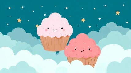 Two Whimsical Cupcakes with Smiling Faces Floating Among Clouds and Stars in a Dreamy Sky - Powered by Adobe