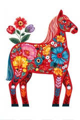 Fototapeta premium Swedish Dala horse illustration filled with colorful folk flowers