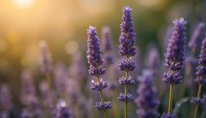 Fototapeta premium High-resolution macro of lavender stems with morning dew drops, shallow depth of field, natural tones
