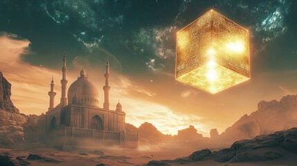 A luminous golden cube hovers over a desert mosque at sunset, amidst swirling nebulae and rocky terrain; an otherworldly scene blending ancient architecture with futuristic elements
