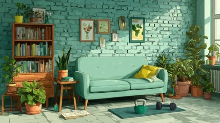 Flat illustration of living room interior with yoga mat plants and fitness gear Home workout scene with cartoon room background