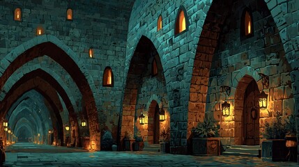 Cartoonstyle ancient Egyptian interior with torches columns and brick walls Pyramid temple corridor illustration