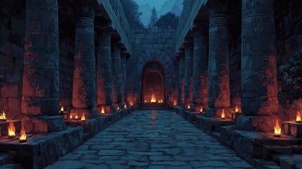 Cartoonstyle ancient Egyptian interior with torches columns and brick walls Pyramid temple corridor illustration