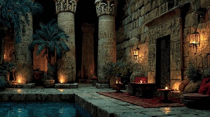 Cartoonstyle ancient Egyptian interior with torches columns and brick walls Pyramid temple corridor illustration