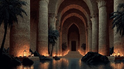 Cartoonstyle ancient Egyptian interior with torches columns and brick walls Pyramid temple corridor illustration